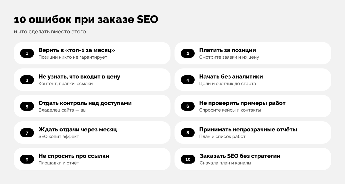 Инфографика: 10 ошибок при заказе SEO и что сделать вместо этого